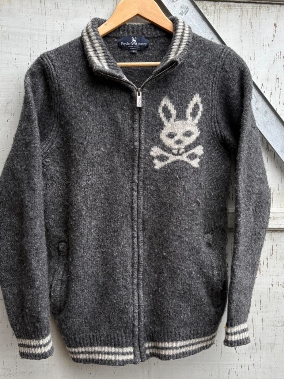 Psycho Bunny Men’s Gray Alpaca Wool Zip Up Graphic Track Jacket Sweatshirt XS